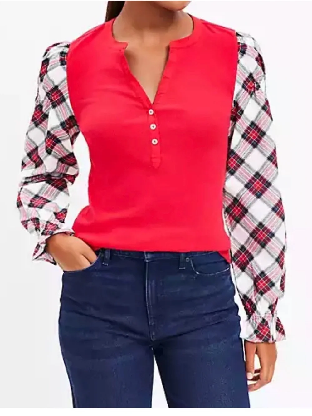 LOFT Red Henley Top with Plaid Puff Sleeves Mixed Media V Neck Buttons Sz XL